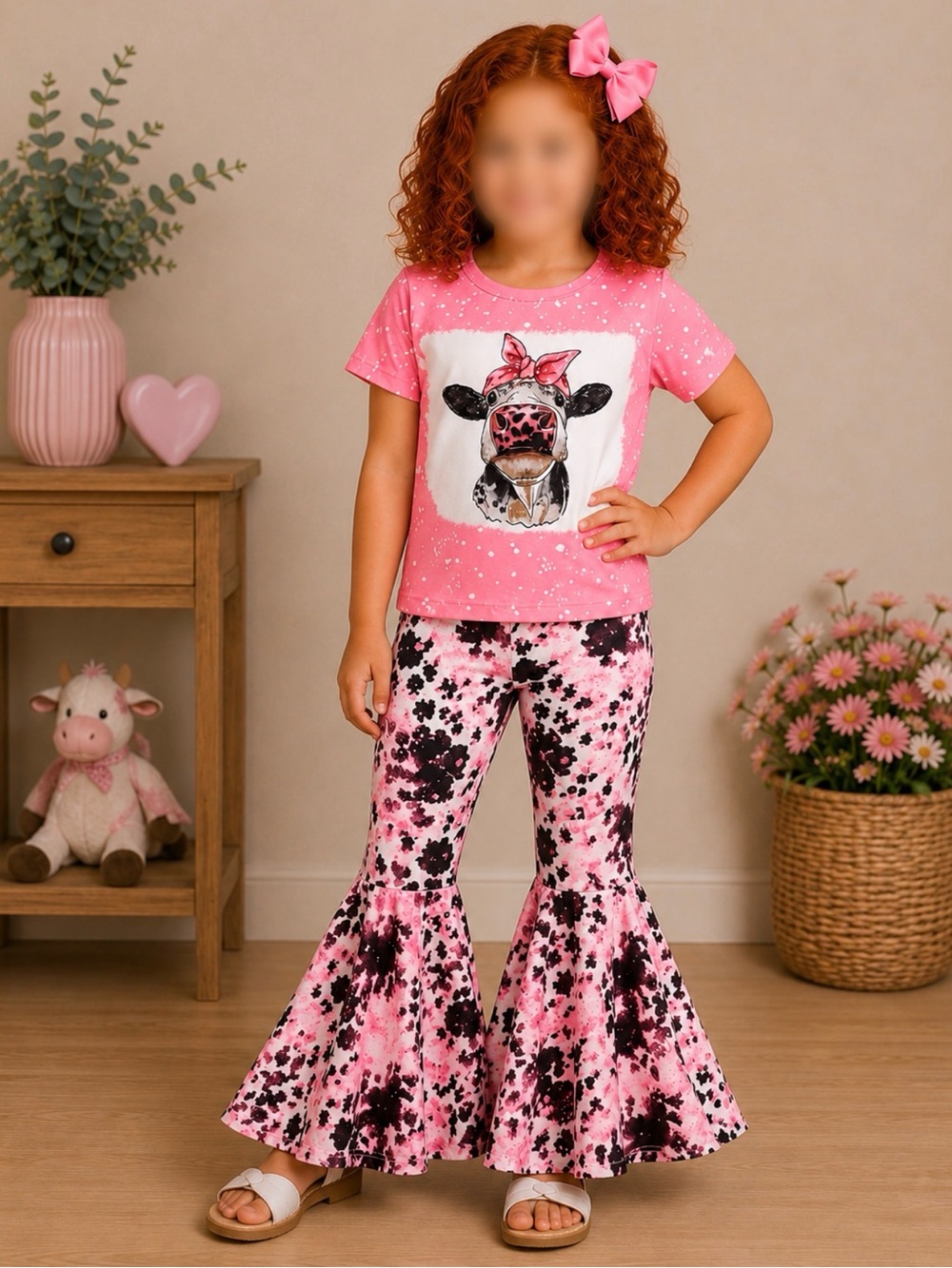 Girls Boutique Western Pink Cow Graphic Top & Cow print Bell Bottom Pants Set